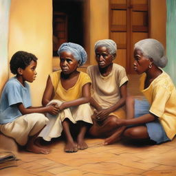 Cape Verdean Black and mixed-race children sitting at the feet of their Black grandmother, listening to her stories