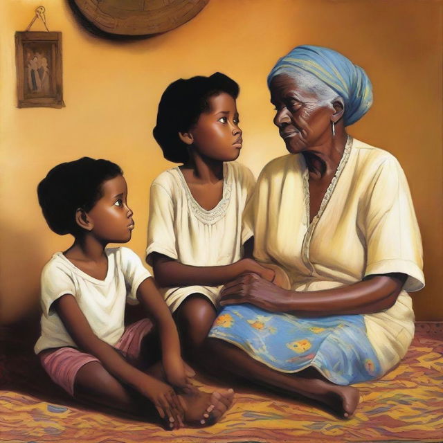 Cape Verdean Black and mixed-race children sitting at the feet of their Black grandmother, listening to her stories