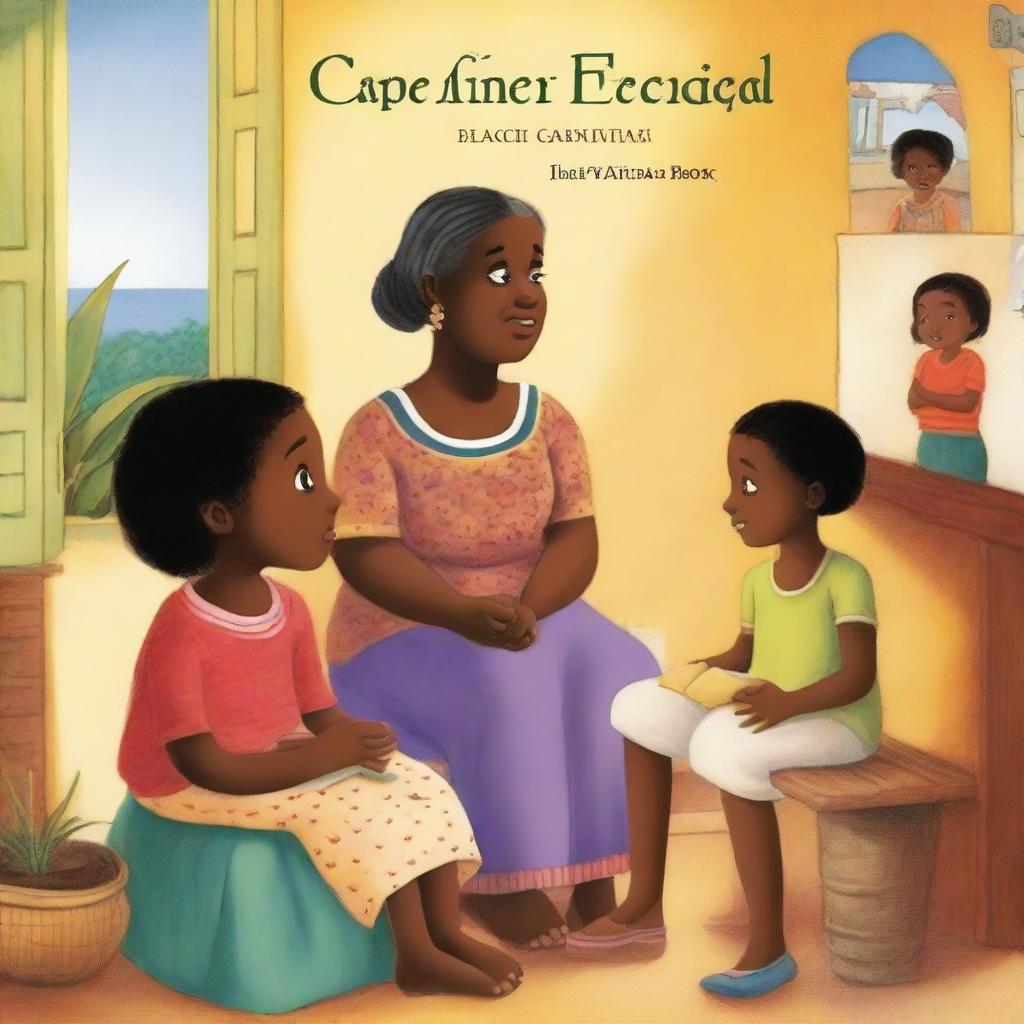 In the style of a children's book, Cape Verdean Black and mixed-race children sitting at the feet of their Black grandmother, who is seated in a chair inside the house, listening to her stories