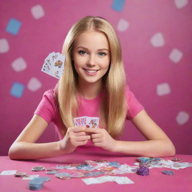 A girl holding playing cards and casino coins, with 'Barbie Gaming' prominently displayed, set against a vibrant casino background.