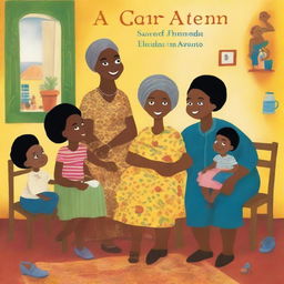 In the style of a children's book, Cape Verdean Black and mixed-race children sitting at the feet of their Black grandmother, who is seated in a chair inside the house, listening to her stories