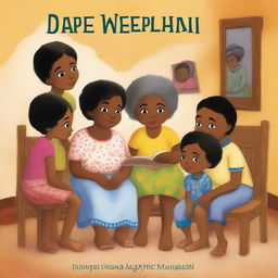 In the style of a children's book, Cape Verdean Black and mixed-race children sitting at the feet of their Black grandmother, who is seated in a chair inside the house, listening to her stories