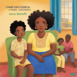 In the style of a children's book, Cape Verdean Black and mixed-race children sitting at the feet of their Black grandmother, who is seated in a chair inside the house, listening to her stories