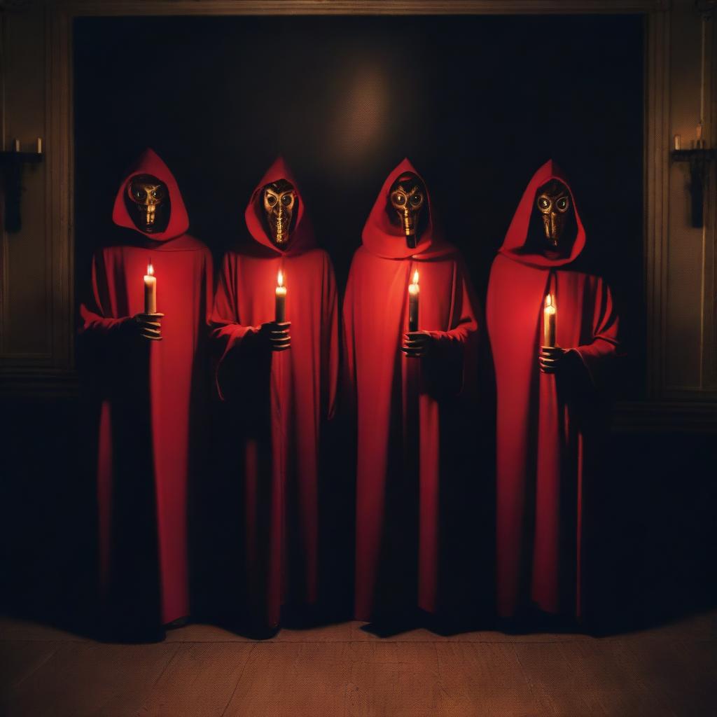 A group of cult members dressed in red cloaks with golden masks, standing in a dimly lit room