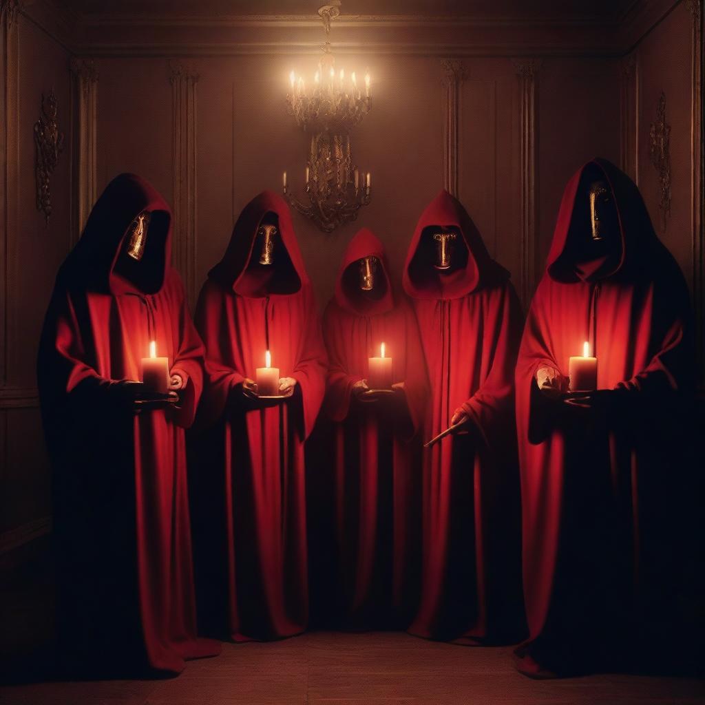 A group of cult members dressed in red cloaks with golden masks, standing in a dimly lit room