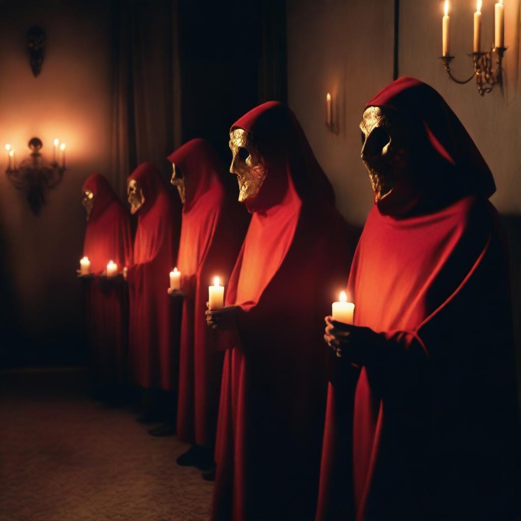 A group of cult members dressed in red cloaks with golden masks, standing in a dimly lit room