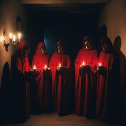 A group of cult members dressed in red cloaks with golden masks, standing in a dimly lit room