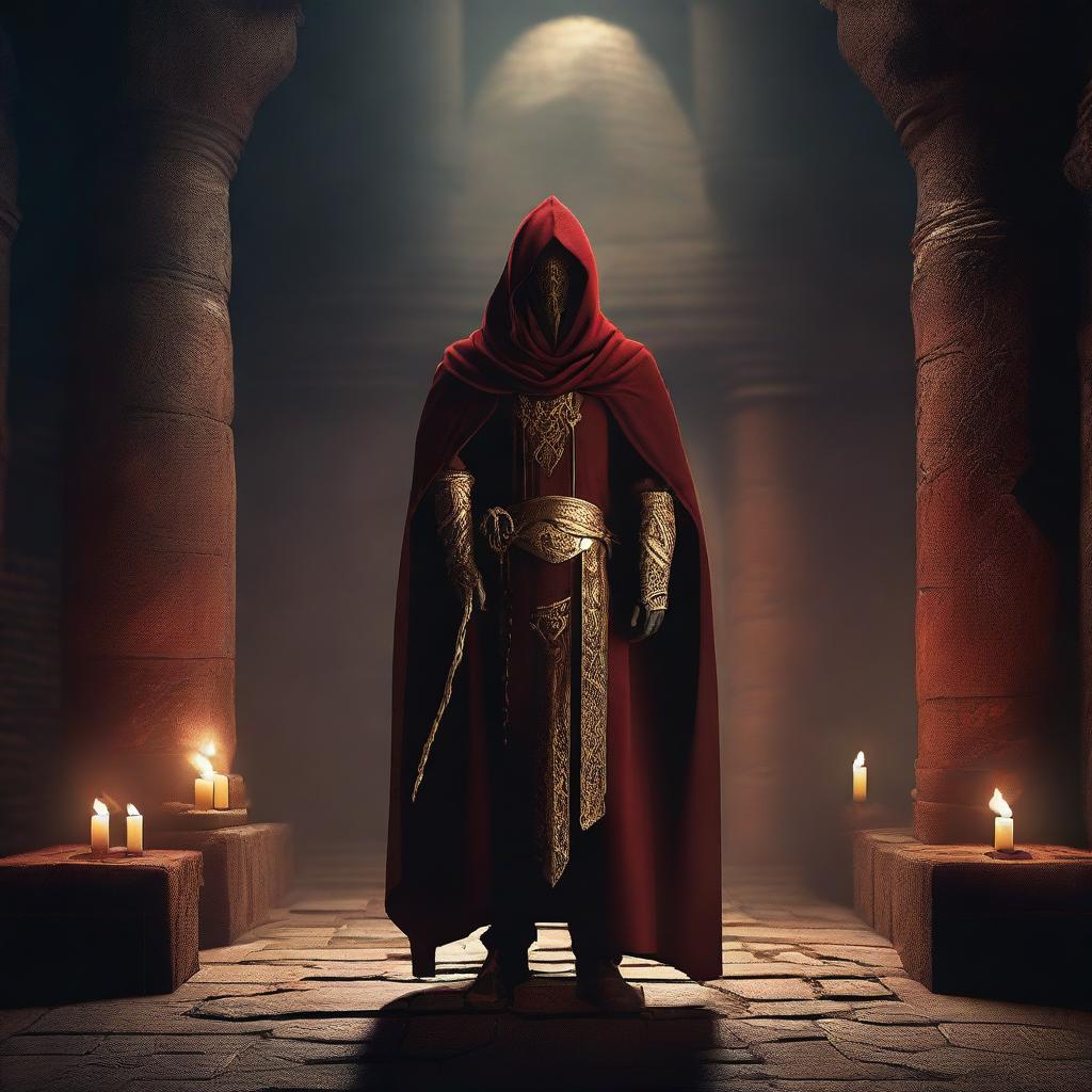 A cult member dressed in a red cloak with a golden mask, standing in a dungeon-like setting