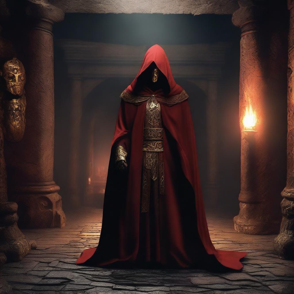 A cult member dressed in a red cloak with a golden mask, standing in a dungeon-like setting