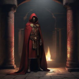 A cult member dressed in a red cloak with a golden mask, standing in a dungeon-like setting