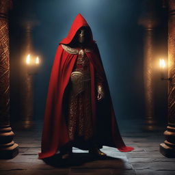 A cult member dressed in a red cloak with a golden mask, standing in a dungeon-like setting