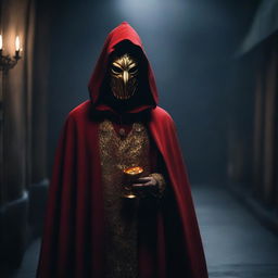 A cult member dressed in a red cloak with a golden mask, standing in a dark and mysterious setting