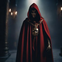 A cult member dressed in a red cloak with a golden mask, standing in a dark and mysterious setting