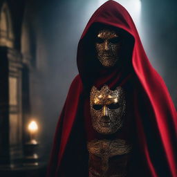 A cult member dressed in a red cloak with a golden mask, standing in a dark and mysterious setting