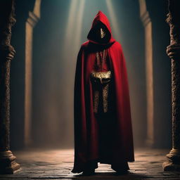 A cult member dressed in a red cloak with a golden mask, standing in a dark and mysterious setting