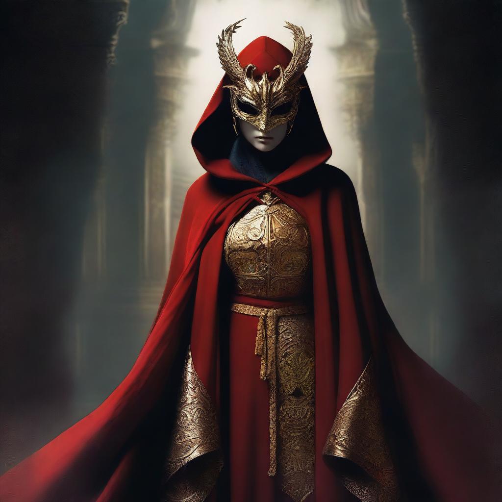 A female cult member dressed in a red cloak with a golden dragon mask, standing in a dark and mysterious setting