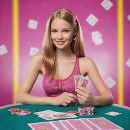 A girl holding playing cards and casino coins, with 'Barbie Gaming' prominently displayed, set against a vibrant casino background.