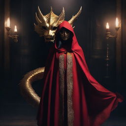 A female cult member dressed in a red cloak with a golden dragon mask, standing in a dark and mysterious setting