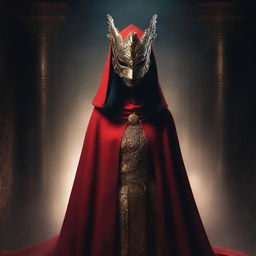 A female cult member dressed in a red cloak with a golden dragon mask, standing in a dark and mysterious setting