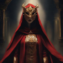 A female cult member dressed in a red cloak with a golden dragon mask, standing in a dark and mysterious setting