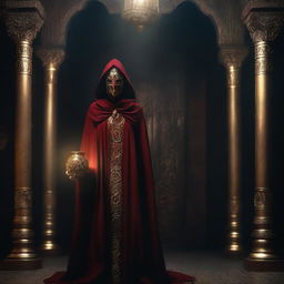 A female cult member dressed in a red cloak with a golden mask, standing in a dark and mysterious setting