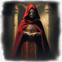 A female cult member dressed in a red cloak with a golden mask, standing in a dark and mysterious setting