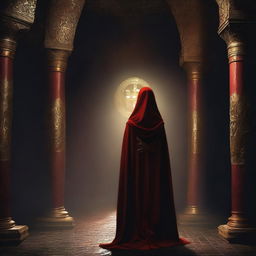 A female cult member dressed in a red cloak with a golden mask, standing in a dark and mysterious setting