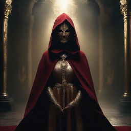 A female cult member dressed in a red cloak with a golden mask, standing in a dark and mysterious setting