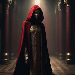 A female cult member dressed in a red cloak with a golden mask, standing in a dark and mysterious setting