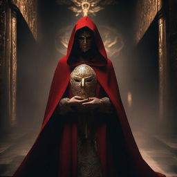 A female cult member dressed in a red cloak with a golden mask, standing in a dark and mysterious setting