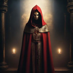 A female cult member dressed in a red cloak with a golden mask, standing in a dark and mysterious setting