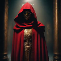 A female cult member dressed in a red cloak with a golden mask, standing in a dark and mysterious setting