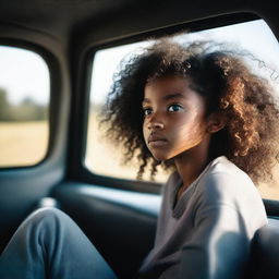 A young black girl with curly hair looking out the window of a car