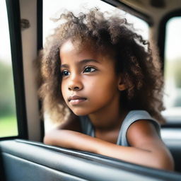 A young black girl with curly hair looking out the window of a car