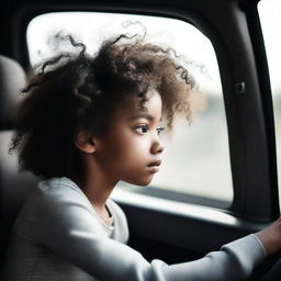 A young black girl with curly hair looking out the window of a car