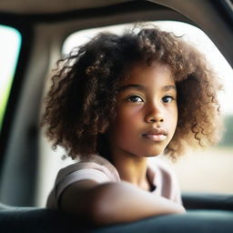 A young black girl with curly hair looking out the window of a car