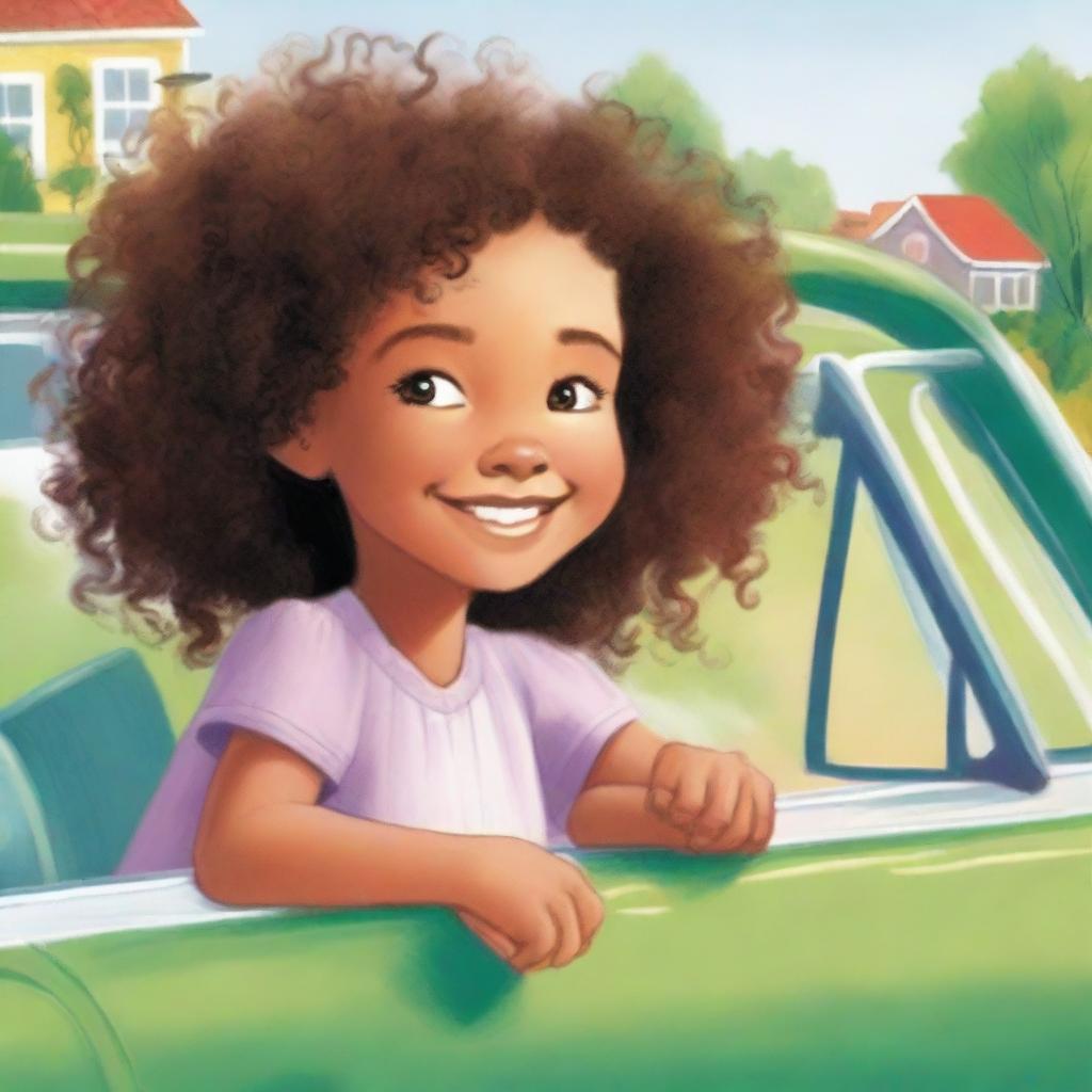 A young black or mixed-race girl with curly hair smiling as she looks out the window of a car