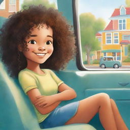 A young black or mixed-race girl with curly hair smiling as she looks out the window of a car