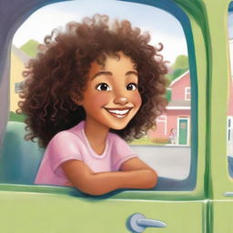 A young black or mixed-race girl with curly hair smiling as she looks out the window of a car