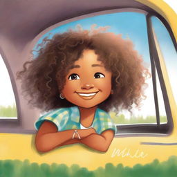 A young black or mixed-race girl with curly hair smiling as she looks out the window of a car