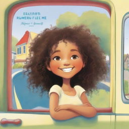 A young black or mixed-race girl with curly hair smiling as she looks out the window of a car