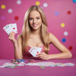 A girl holding playing cards and casino coins, with 'Barbie Gaming' prominently displayed, set against a vibrant casino background.