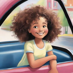 A young black or mixed-race girl with curly hair smiling as she looks out the window of a car