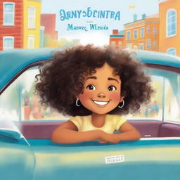 A young black or mixed-race girl with curly hair smiling as she looks out the window of a car