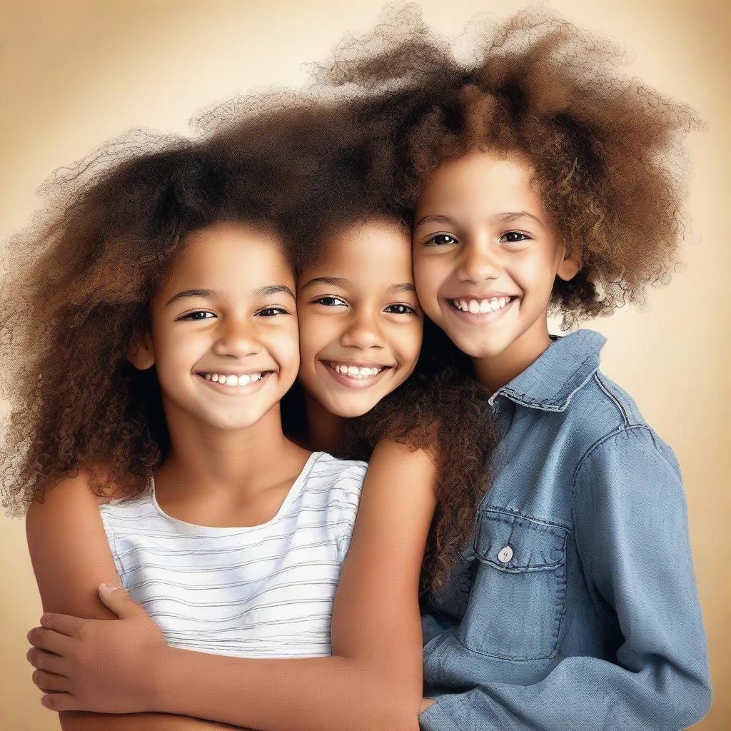 A young black or mixed-race girl with curly hair hugging her black twin cousins