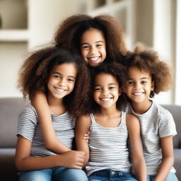 A young black or mixed-race girl with curly hair hugging her black twin cousins