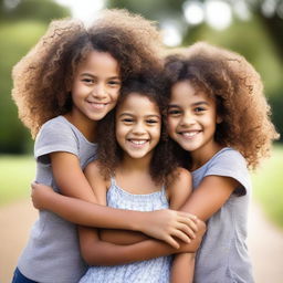 A young black or mixed-race girl with curly hair hugging her black twin cousins