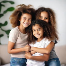 A young black or mixed-race girl with curly hair hugging her black twin cousins