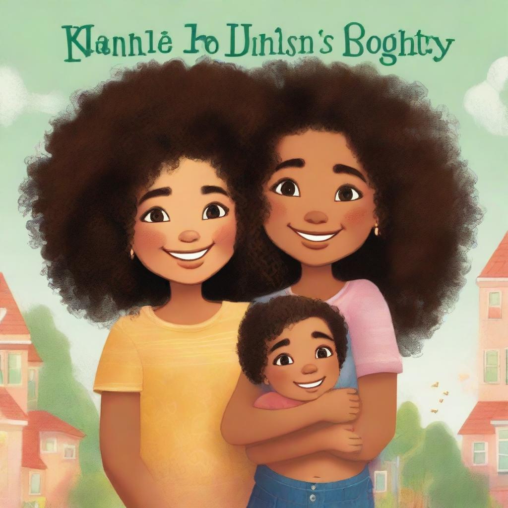 A young black or mixed-race girl with curly hair hugging her black twin cousins