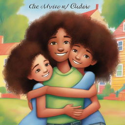 A young black or mixed-race girl with curly hair hugging her black twin cousins